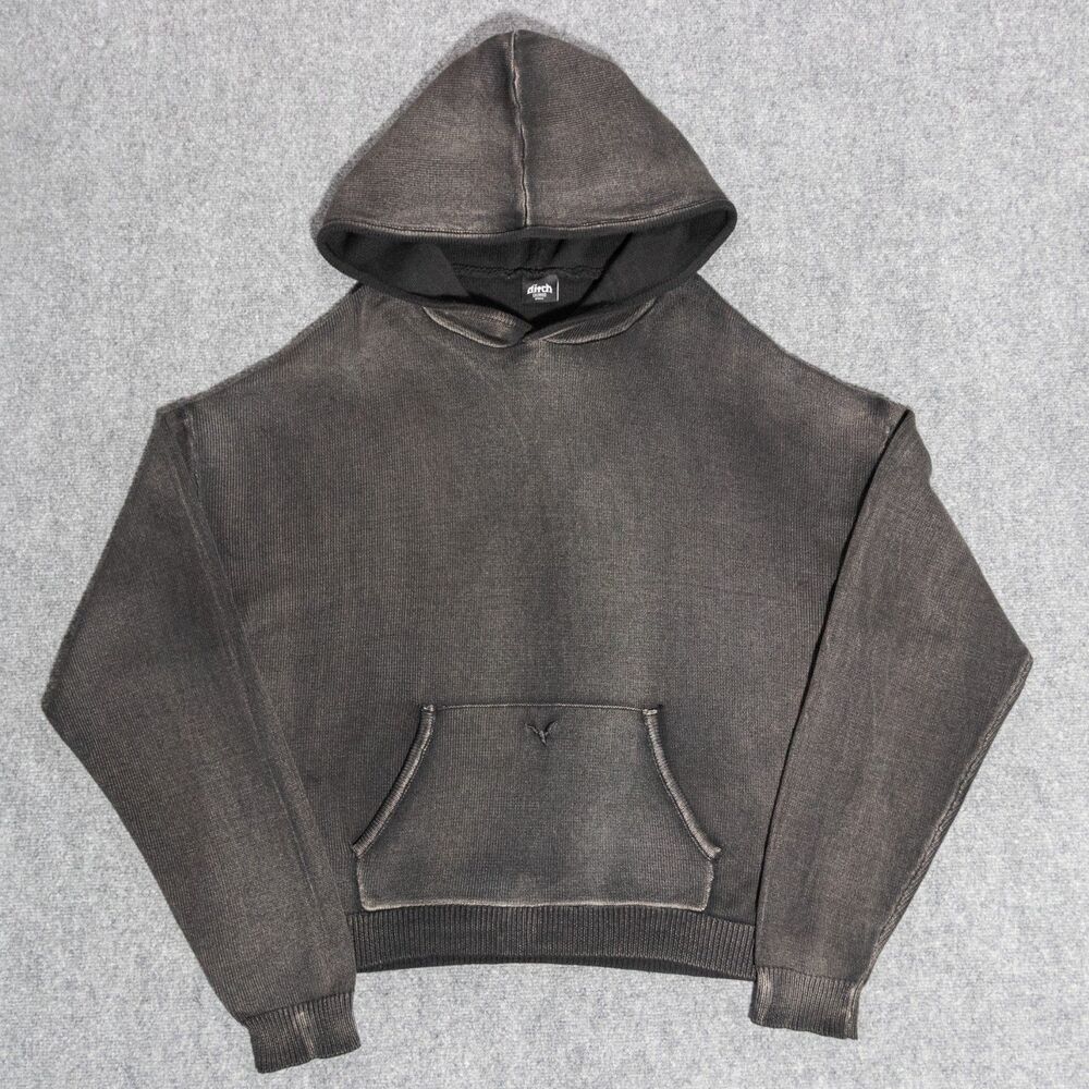 Ditch LA Ribbed Knit Stone Wash Coal Gray Boxy Pullover Hoodie Men's XL 14oz